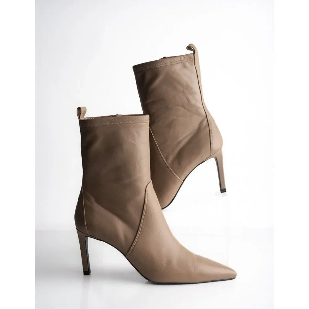 Massimo Dutti Womens Brown Boots Booties Leather Mid Calf Pointed EU 40 US 9 - Picture 2 of 8